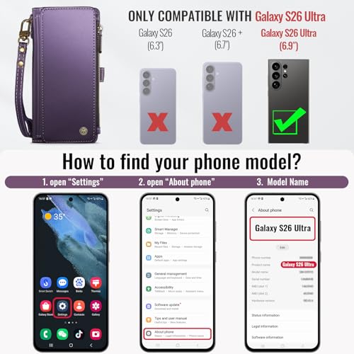 Defencase for Samsung Galaxy S26 Ultra Wallet Case with Card Holder, Purple | with RFID Blocking Zipper Pocket, Durable PU Leather, Wrist Strap, S26 Ultra Flip Phone Cases Cover with Stand for Women Men - color: Purple