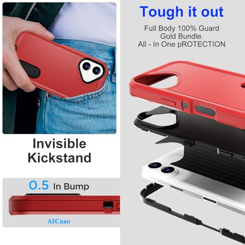 AICase for iPhone 16 Case with Built-in Stand,Tripe Layer Heavy Duty Drop Protection Full Body Rugged Shockproof Military Protective Tough Durable Phone Cover for iphone16 6.1"_4 - color: Red/black with Built-in Stand