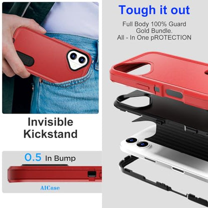 AICase for iPhone 16 Case with Built-in Stand,Tripe Layer Heavy Duty Drop Protection Full Body Rugged Shockproof Military Protective Tough Durable Phone Cover for iphone16 6.1"_4 - color: Red/black with Built-in Stand