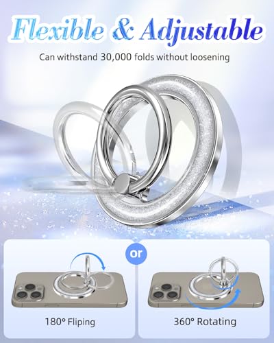 Phone Ring Holder Compatible with MagSafe - Magnetic Cell Phone Grip Women Glitter Magnet Removable Finger Ring Grip Stand Cute Girly Sparkly for iPhone 17 16 15 14 13 Pro Max Plus Air, Silver
