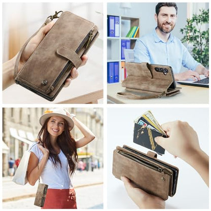 Samsung Galaxy S24+ Plus 5G Wallet Case with Card Holder Kickstand Magnetic Zipper Pocket Lanyard Strap Wristlet,Leather Flip Case Wallet for Samsung Galaxy S24+ Plus 5G 6.7 Inch(Brown) - color: Brown, size: S24+ Plus 6.7 Inch