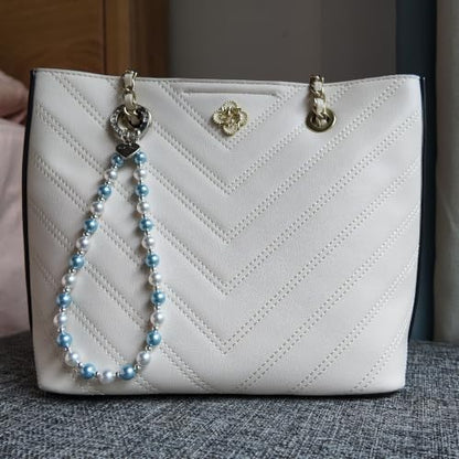 Beaded Pearl Phone Charm Wrist Strap, Camera AirPods Bags Charms(Blue） - color: Blue