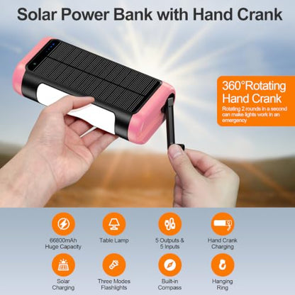 Solar Power Bank Portable Charger 66800mAh Battery Pack for Camping(Pink) - color: Pink