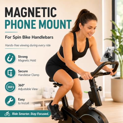 Heavy Duty Magnetic Phone Mount for Gym & Spin Bikes, N52 Clamp for Peloton/Treadmill/Stroller/Golf Cart, 360° Rotatable, Compatible with MagSafe iPhone 12-17 - color: blue