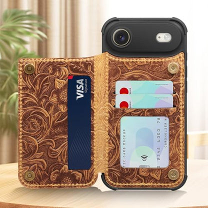 Wallet Real Leather Case Compatible with iPhone 17 Air 6.5" Brown | Genuine Leather,Shockproof, Anti-Fall Case,Flip Cover,with Card Slot,Double Magnetic Buckle,Kickstand,RFID Blocking Brown - color: Brown, size: 6.5"-17 Air
