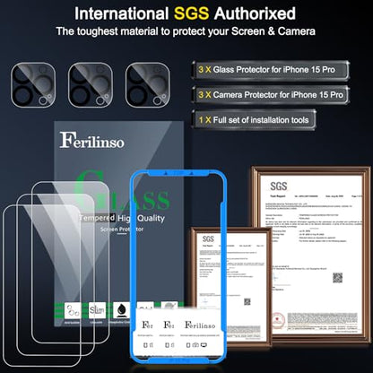 Ferilinso 3 Pack Screen Protector for iPhone 15 Pro, Tempered Glass, HD - size: iPhone 15 Pro