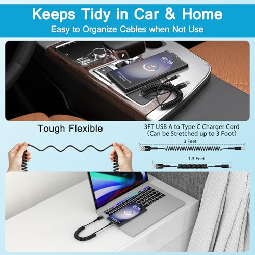 Coiled USB C to USB A Cable Fast Charging Retractable Android Phone Cord - color: Full Black