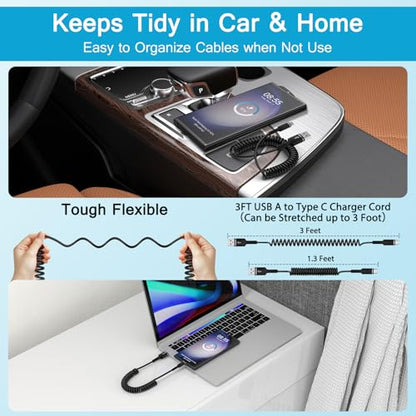 Coiled USB C to USB A Cable Fast Charging Retractable Android Phone Cord - color: Full Black