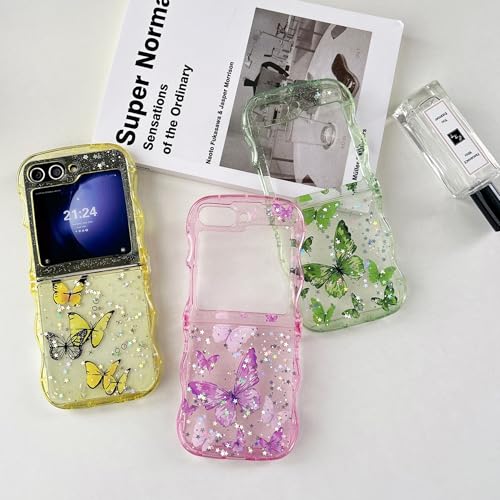 UEEBAI Wave Butterfly Case for Samsung Galaxy Z Flip 5/Z Flip 6/Z Flip 7 FE 5G Case, Pretty Bling Star Butterfly Cute Shiny Glitter Phone Cover Bling Clear Cover Curly Shockproof Girly - Green - color: Green, size: Z Flip 7 FE/Z Flip 6/Z Flip 5 5G