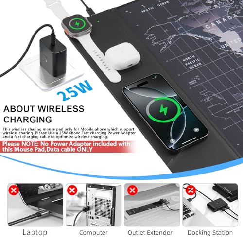 VOVIPO Wireless Charging Mouse Pad 15W, Waterproof Gaming Mousepad with Ultra-Smooth Surface, Non-Slip Base, XXL Large Desk Mat 90 x 40cm,Black World Map Computer Desk Pad for MacBook, PC, Laptop - color: World Map