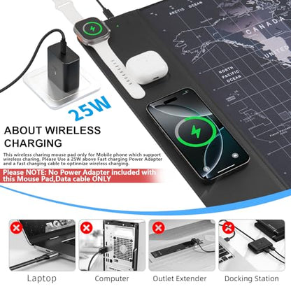VOVIPO Wireless Charging Mouse Pad 15W, Waterproof Gaming Mousepad with Ultra-Smooth Surface, Non-Slip Base, XXL Large Desk Mat 90 x 40cm,Black World Map Computer Desk Pad for MacBook, PC, Laptop - color: World Map
