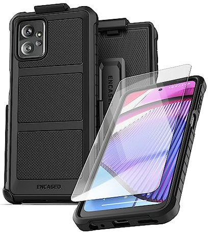 Encased Rugged Belt Case for Moto G Power 5G 2023, Full Body Protective Case with Tempered Screen Protector and Holster Clip (Black) - size: 2023