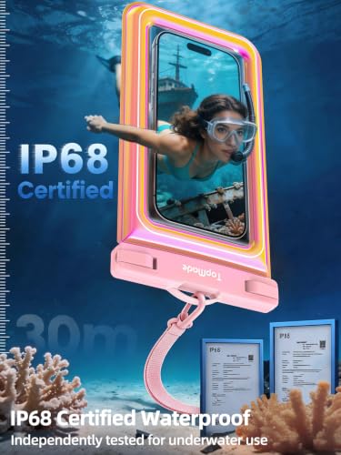 TopMade Floating Waterproof Phone Pouch, 2 Pack IP68 Waterproof Phone Case | Beach/Cruise/Travel Essentials, Detachable Lanyard, Waterproof Pouch for iPhone 17 16 15 Pro Max, Up to 7", Iridescent Pink - color: Pink