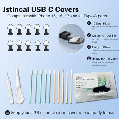 USB C Dust Plugs, 10 Pack Anti-Lost USB Type C Port Covers with Cleaning Kit for iPhone 15/16/17/18, Samsung, Pixel, MacBook, Android Phones-ompatible with All Phone Cases