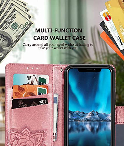 for iPhone 12 Pro/iPhone 12 Wallet Case,Women Flip Folio Cover with Butterfly Embossed PU Leather Kickstand Credit Card Holder Slots Wrist Strap for iPhone 12/12 Pro 6.1 inch (Pink) - color: Pink