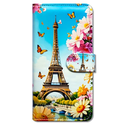 RFID Safe Case for iPhone 15 Pro Max,RFID Blocking,Eiffel Tower Butterfly Flowers Leather Flip Phone Case Wallet Cover with Card Slot Holder Kickstand for iPhone 15 Pro Max - color: Eiffel Tower Butterfly Flowers