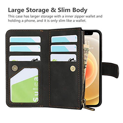 iCoverCase for iPhone 12 Mini Wallet Case with Card Holder and Wrist Strap, PU Leather Kickstand Card Slots Zipper Pocket Magnetic [Detachable] Flip Cover Case 5.4 Inch (Black) - color: Black