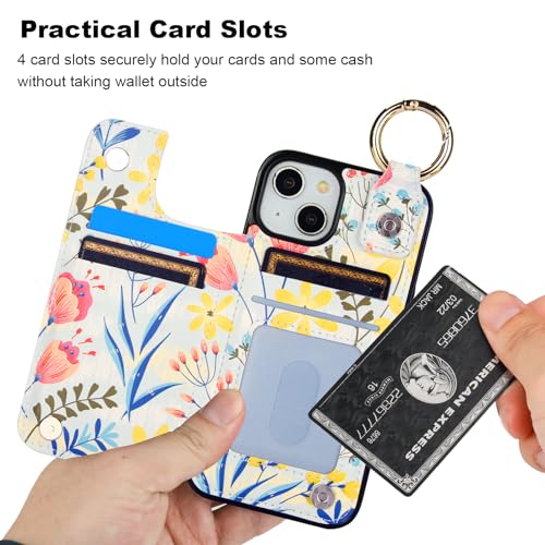 HAOPINSH for iPhone 13 iPhone 14 Wallet Case with Card Holder, Floral Flower Print Back Flip Folio PU Leather Kickstand Card Slots Case, Finger Grip Ring Double Magnetic Clasp Shockproof 6.1" - color: Floral Flower with Grip Ring