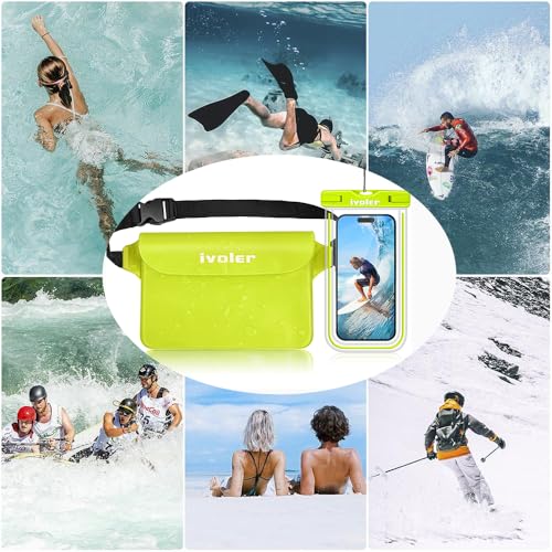 ivoler 2-Pack Waterproof Fanny Pack & Phone Pouch, Dry Bag for Passport, Phone & Wallet, Floating Waterproof Phone Case for Beach, Swimming, Kayaking, Boating, Cruise Essentials & Travel - color: Lime Green & Neon Lime