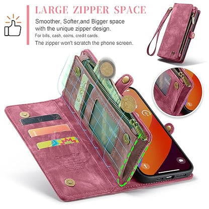 Compatible with iPhone 15 Pro Wallet Case with Magsafe,Red | Magnetic Detachable Case,Card Holder,Zipper Pocket,Strap Wristlet, Soft Leather Drop-Proof Phone Case for iPhone 15 Pro 6.1" - color: Red, size: iPhone 15 Pro 6.1"