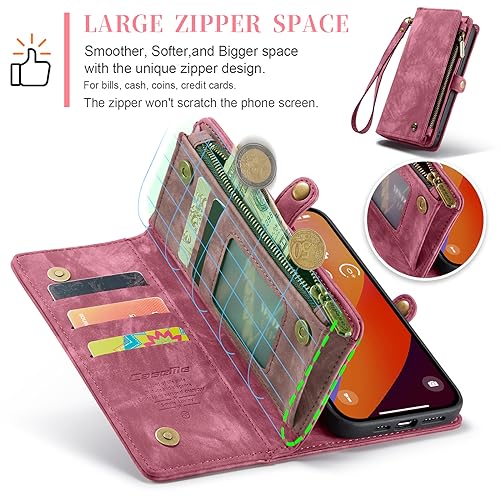 Compatible with iPhone 15 Pro Max Wallet Case with Magsafe,Red | Magnetic Detachable Case,Card Holder,Zipper Pocket,Strap Wristlet, Soft Leather Drop-Proof Phone Case for iPhone 15 Pro Max - color: Red, size: iPhone 15 Pro Max 6.7"