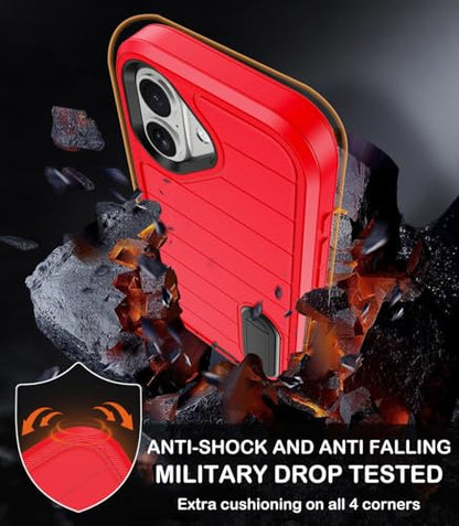 for iPhone 16 Case with Screen Protector, Heavy Duty Shockproof Drop Protection Military Grade Tri-Layer Full Covered Rugged Durable Cell Phone Cover with Built-in Invisible Kickstand 6.1“ (Red) - color: Red