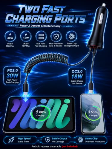 HUNDA Fast Car Charger 48W, Dual Port Super Fast Charging with PD3.0 & QC4.0, Car Accessories with Built-in 5ft Coiled Lightning Cable for iPhone 15-11 Series, iPad & More