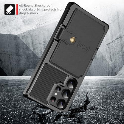 for Samsung Galaxy S24 Ultra Case with Card Holder, Compatible with Magnetic Car Mount, Heavy Duty Shockproof Rugged Soft TPU Back Leather Flip Wallet Cover 6.8 inch, Black | Compatible with Magnetic Car Mount, Shockproof Rugged Soft TPU Hard Back Leather