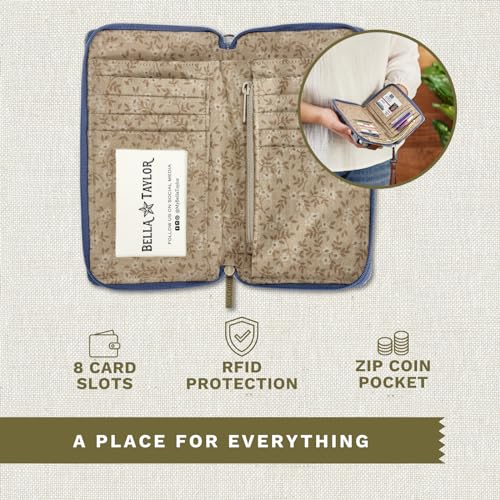 Bella Taylor Cell Phone Wristlet, Quilted Phone Wallet for Women | Lightweight, RFID blocking, phone pocket, built-in wallet, card organizer, coin pocket, secure zipper, quality construction - color: Blue Chambray