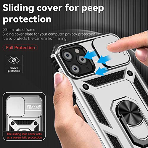 for iPhone 11 Pro Case with Camera Lens Cover HD Screen Protector, Dual Layer Military Grade Drop Protection Magnetic Ring Holder Kickstand Protective Phone Case for iPhone 11 Pro 5.8 inch (Silver) - color: Silver with camera cover Military-Grade 2nd gen