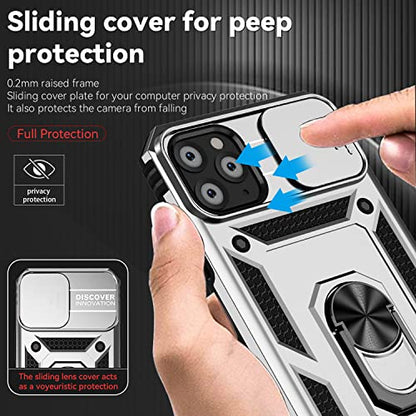 for iPhone 11 Pro Case with Camera Lens Cover HD Screen Protector, Dual Layer Military Grade Drop Protection Magnetic Ring Holder Kickstand Protective Phone Case for iPhone 11 Pro 5.8 inch (Silver) - color: Silver with camera cover Military-Grade 2nd gen