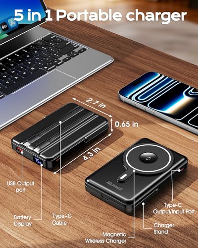 for Magsafe Portable Charger, 10000mAh Power Bank, Dark Black | PD 22.5W Fast Charging with USB-C Cable, Foldable Stand, Magnetic Wireless Charger for iPhone 17/16/15/14/13/12 Series - color: Dark Black