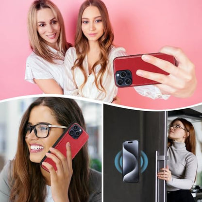 Asuwish Phone Case for iPhone 15 Pro 6.1 inch Zipper Wallet Detachable Cell Cover with Tempered Glass Screen Protector Wrist Strap Mandala Flower Credit Card Holder i Phone15 i15 15Pro Women Men Red - color: Red