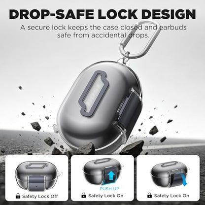 for Bose New QuietComfort Earbuds Case (2024), TPU Protective Cover with Phone Holder Stand & Double Safety Lock, Supports Wireless Charging, Includes Carabiner and Cleaning Pen (Transparent) - color: Transparent