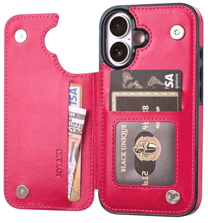 Wallet Case Compatible with iPhone 16 6.1", Slim Protective Case with Card Holder,Premium PU Leather Kickstand Card Slots Case with Double Magnetic Clasp-Rosered - color: Rosered, size: iphone 16 6.1"