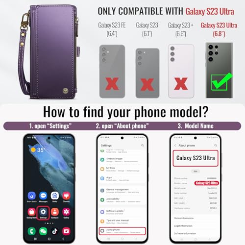 Defencase for Samsung Galaxy S23 Ultra Wallet Case with Card Holder, Purple | Durable PU Leather, with RFID Blocking Zipper Pocket, Wrist Strap, S23 Ultra Flip Phone Cases Cover with Stand for Women Men - color: Aesthetic Purple