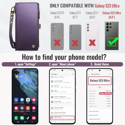 Defencase for Samsung Galaxy S23 Ultra Wallet Case with Card Holder, Purple | Durable PU Leather, with RFID Blocking Zipper Pocket, Wrist Strap, S23 Ultra Flip Phone Cases Cover with Stand for Women Men - color: Aesthetic Purple