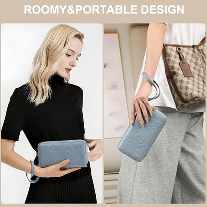 yiijay Womens Wallet RFID Blocking Large Capacity Vegan Leather Double Zip Wristlet Wallet Card Holder Travel Ladies Clutch - color: Blue