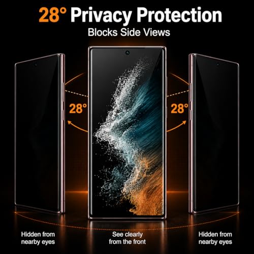 2 Pack Privacy Screen Protector for Samsung Galaxy S22 Ultra 5G, 3D Curved Tempered Glass, Support Ultrasonic Fingerprint Unlock, Anti-Spy 9H Full Coverage Glass Film, Case Friendly