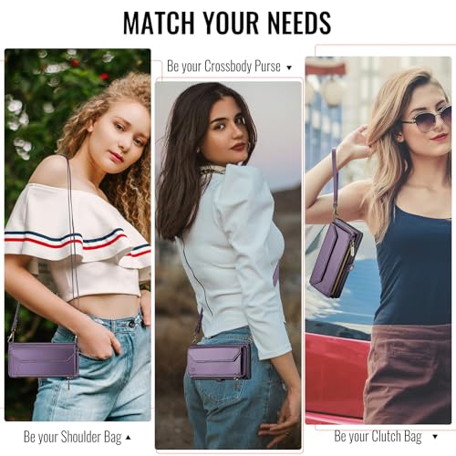 Strapurs Crossbody Wallet Case Compatible with Samsung Galaxy Z Fold 5 with RFID Blocking Card Holder & Pen Holder Slot Soft PU Leather Shoulder Strap Zipper Pocket Purse Fold 5 Phone Case, Purple | RFID Blocking 5-Card Holder, Shoulder Lanyard, Wirst Str