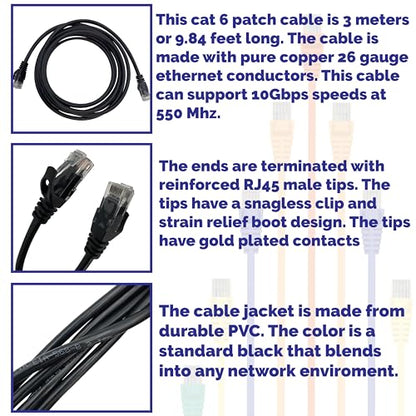 Cat6 Ethernet Cable 3 Meter (9.8ft) Black 1-Pack High Speed Ten Gigabit 550MHz Network LAN Snagless RJ45 Cord 26 AWG Pure Solid Copper Patch Wire Fast Router Modem Gaming Console PS5 Xbox