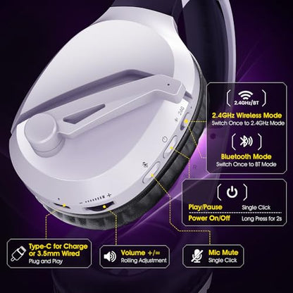 Wireless Gaming Headset with Mic for PS5 PS4 PC, 48Hrs, Wired for GameCube - color: White