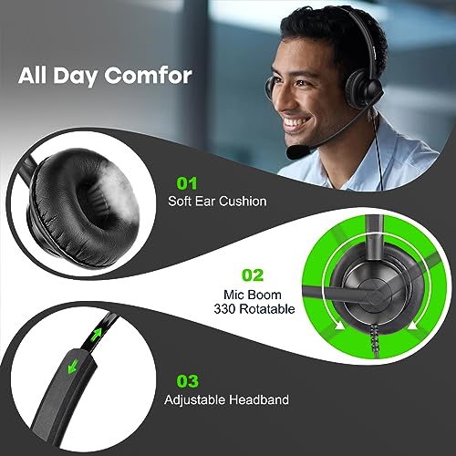 MAIRDI Telephone Headset with Microphone Noise Canceling, Binaural Call Center Office Headphone with RJ9 Jack & 3.5mm Connector for Landline Phone Cell Phone PC Laptop, Work for Polycom Avaya Nortel