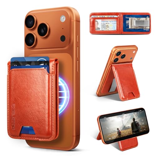 Shieldtop RFID Blocking MagSafe Wallet Stand with Card Holder,5 Card Slots & ID Window,PU Leather Magnetic Adjustable Kickstand for iPhone 12/13/14/15/16/17 Pro Max & Air Plus Series,Orange - color: Orange