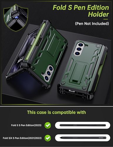 KJSK for Samsung Galaxy Z Fold 5 Case,with S Pen Holder+Belt Clip Holster+Built-in Kickstand+Hinge Protection,Heavy Duty Military Grade Drop Proof Case for Galaxy Z Fold 5(Green) - color: Green