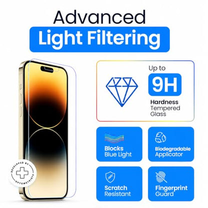 Ocushield Anti Blue Light Tempered Glass Screen Protector of iPhone 14 Pro (6.1") – Blocks Blue Light, Prevents Eye Strain & Helps You Sleep Better, 9H Hardness & Case Friendly | Fits 6.1 inch display. 9H tempered glass blocks UV & blue light. Anti-bacter