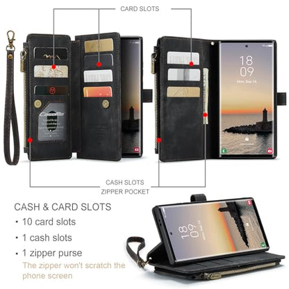 Samsung Galaxy S24 Ultra 5G Wallet Case with Card Holder Kickstand Magnetic Zipper Pocket Lanyard Strap Wristlet,Leather Flip Case Wallet for Samsung Galaxy S24 Ultra 5G 6.8 Inch(Black) - color: Black, size: S24 Ultra 6.8 Inch