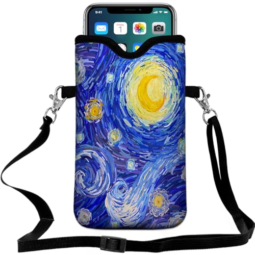 Universal Neoprene Cell Phone Pouch 7.1 X 4 in Mobile Protection Case Bag with Crossbody Strap/Neck Lanyard Starry Night Printed Pattern - color: Starry Night Printed Pattern