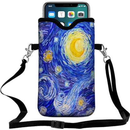 Universal Neoprene Cell Phone Pouch 7.1 X 4 in Mobile Protection Case Bag with Crossbody Strap/Neck Lanyard Starry Night Printed Pattern - color: Starry Night Printed Pattern