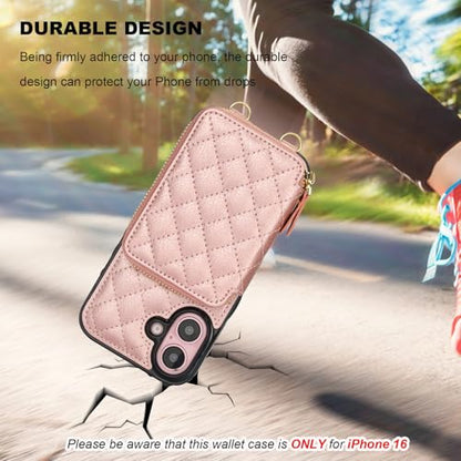 Bocasal Crossbody Wallet Case Card Holder for iPhone 16, Rose Gold | RFID Blocking PU Leather Zipper Handbag Purse, Kickstand Flip Folio Case with Card Slots Holder Wrist Strap Lanyard 6.1 Inch - color: Rose Gold